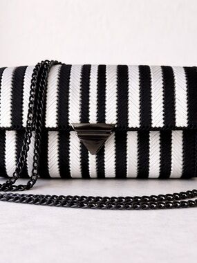 Handmade Black & White Striped Woven Clutch Bag with Chain